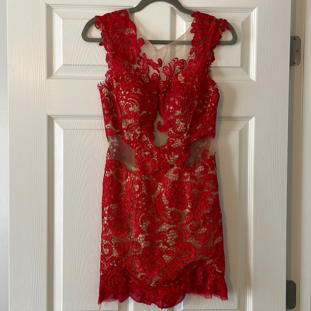 MacDuggal Red Lace Illusion Cocktail Dress